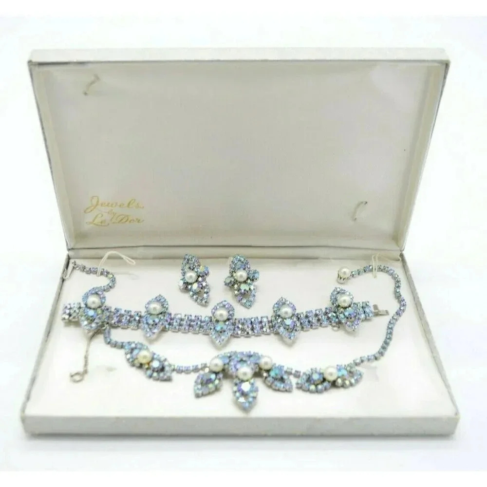 Jewels By Le Dor Blue Ab Ice Rhinestone Faux Pearl 1950s Demi Parure Jewelry Set